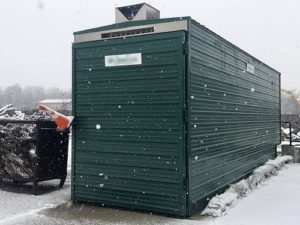 A picture of our kiln used up at the North Yard. Firewood is loaded into large crates and dried for up to 2 days at high temperatures to ensure low moisture content.