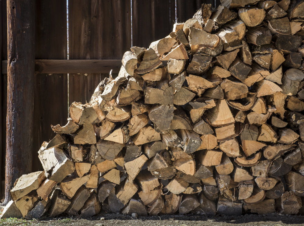 Firewood Pile: A large sloping pile of firewood stacked in an old farm shed